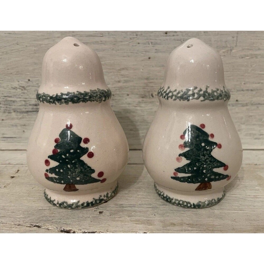 Vintage Holiday Christmas Tree Salt & Pepper Shakers Spongeware Green & Red